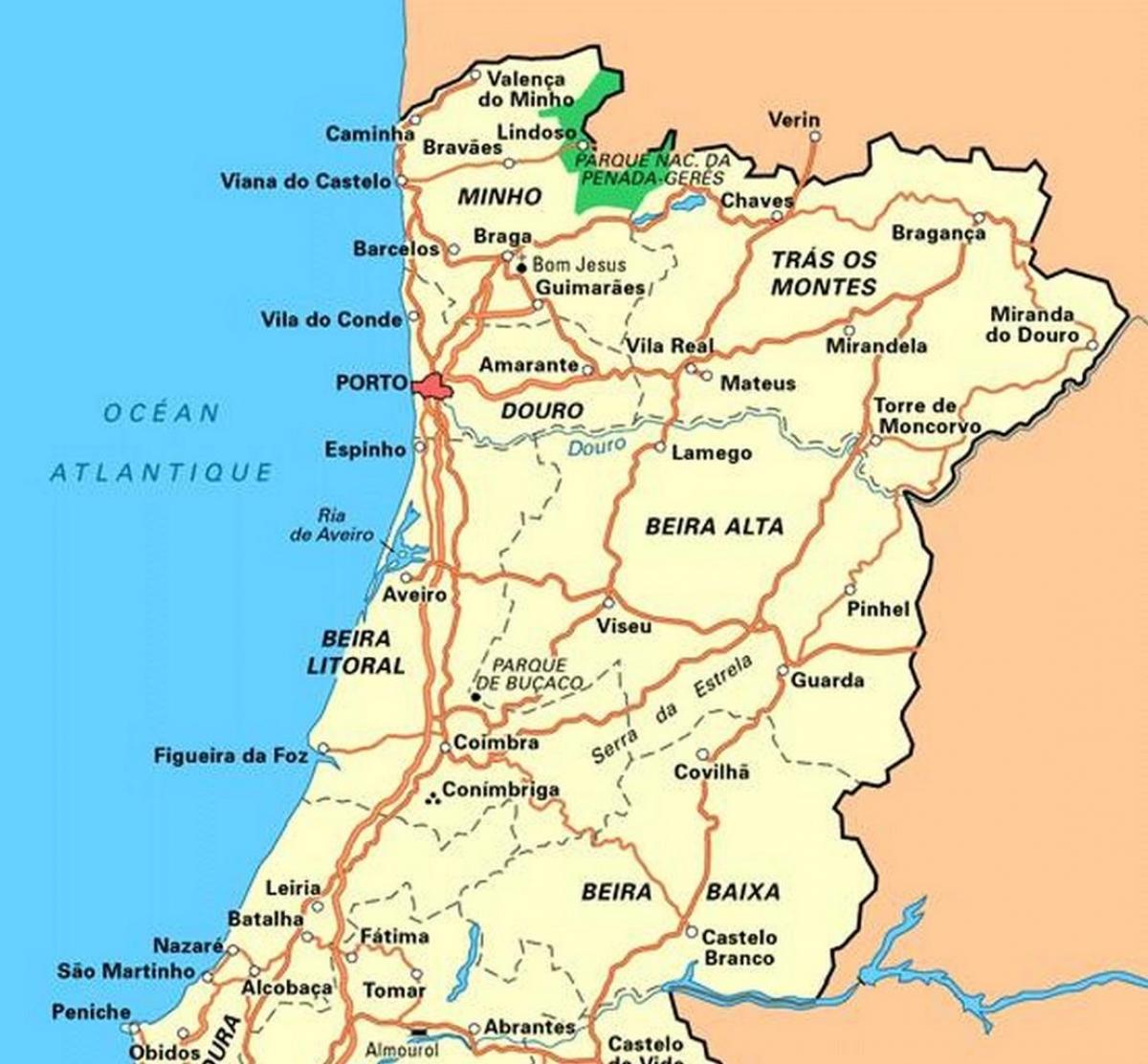 De kaart van Noord-Portugal