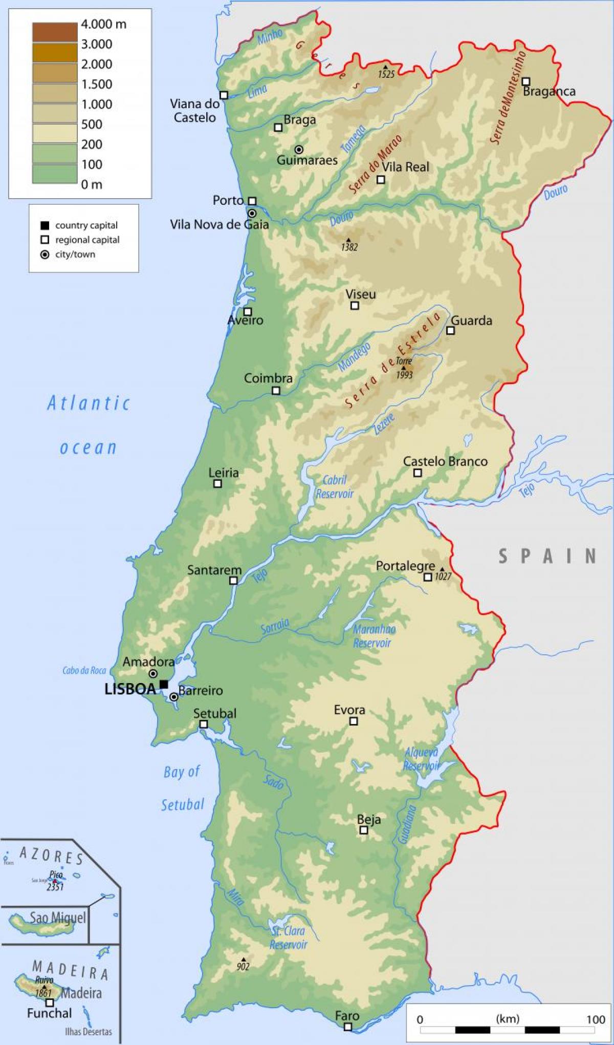 Kaart van Portugal met de belangrijkste steden